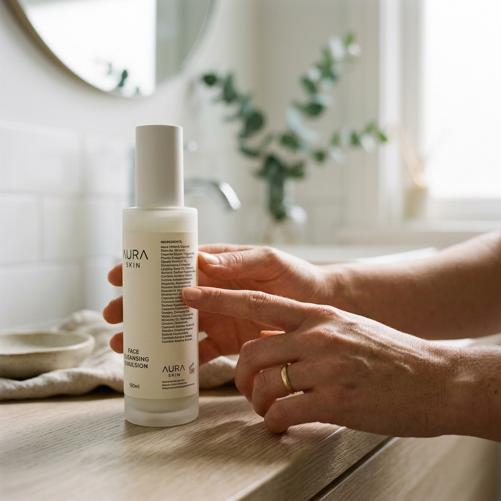 Dłonie kobiety czytające skład na etykiecie butelki emulsji do mycia twarzy w jasnej łazience.