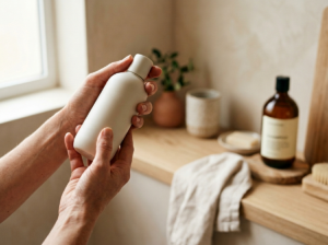 Dłonie kobiety delikatnie badające butelkę szamponu na minimalistycznym tle łazienki, sugerując wybór produktu.