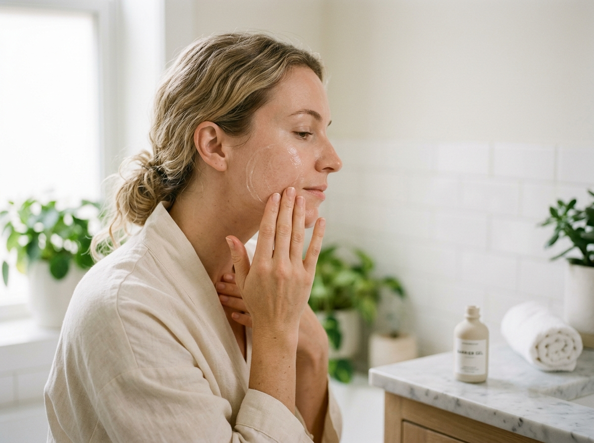 Dłonie kobiety delikatnie wmasowujące ochronny żel do twarzy, symbolizujące świadomą pielęgnację i kosmetyki do pielęgnacji twarzy.