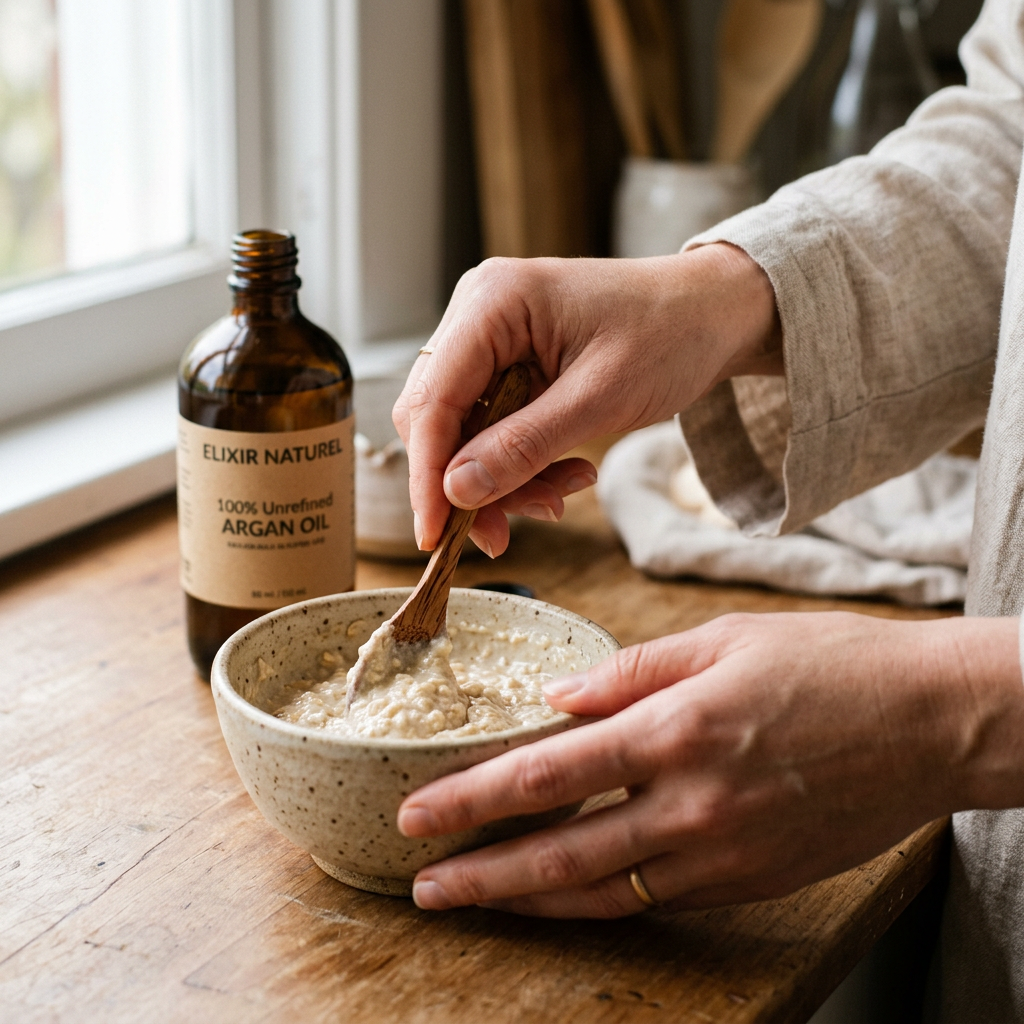 Kobieca dłoń delikatnie miesza składniki domowej maseczki, obok butelka wysokiej jakości oleju arganowego do twarzy.