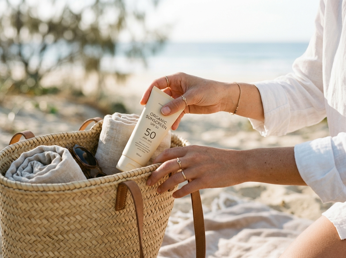 Kobieca dłoń delikatnie wkłada tubkę sunscreen do eleganckiej, słomkowej torby plażowej, przygotowując się na słońce.