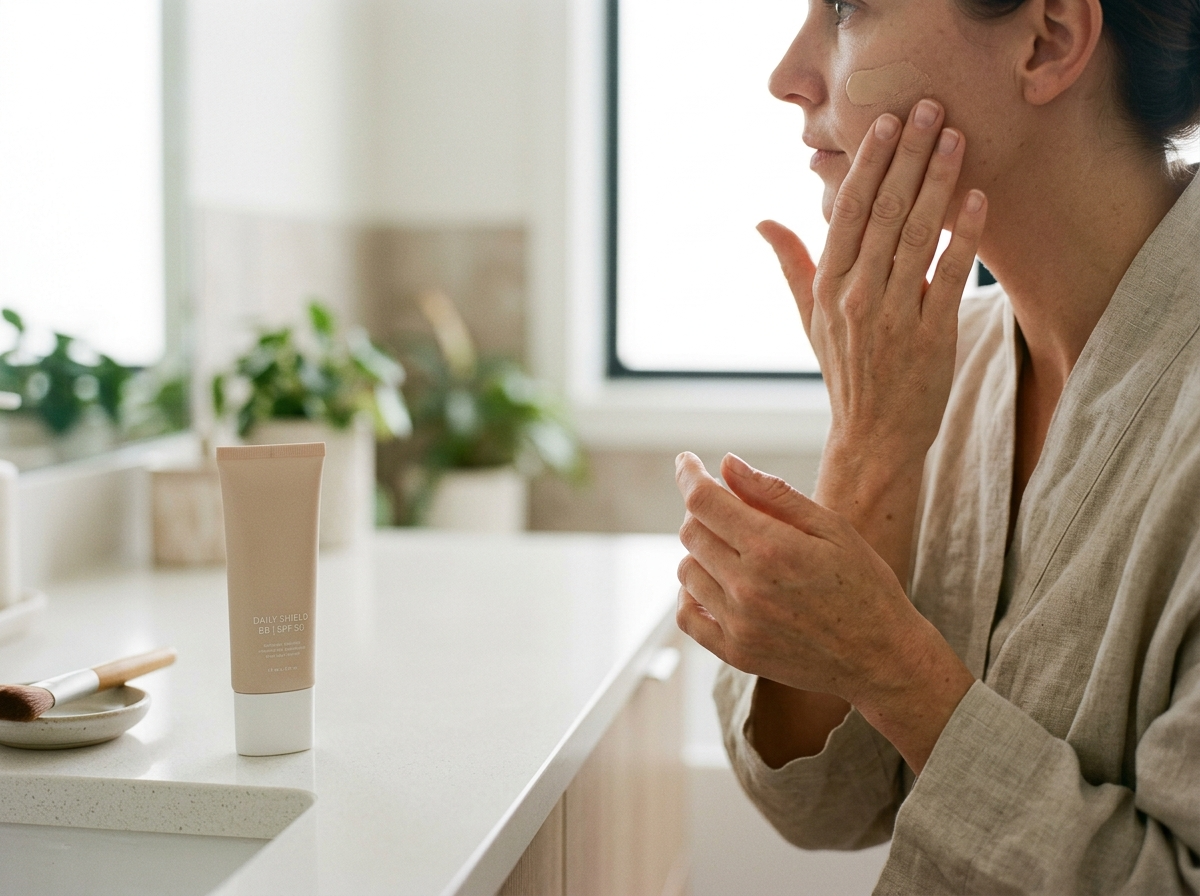 Kobieca dłoń wklepuje krem BB z wysokim filtrem spf 50 na policzek.