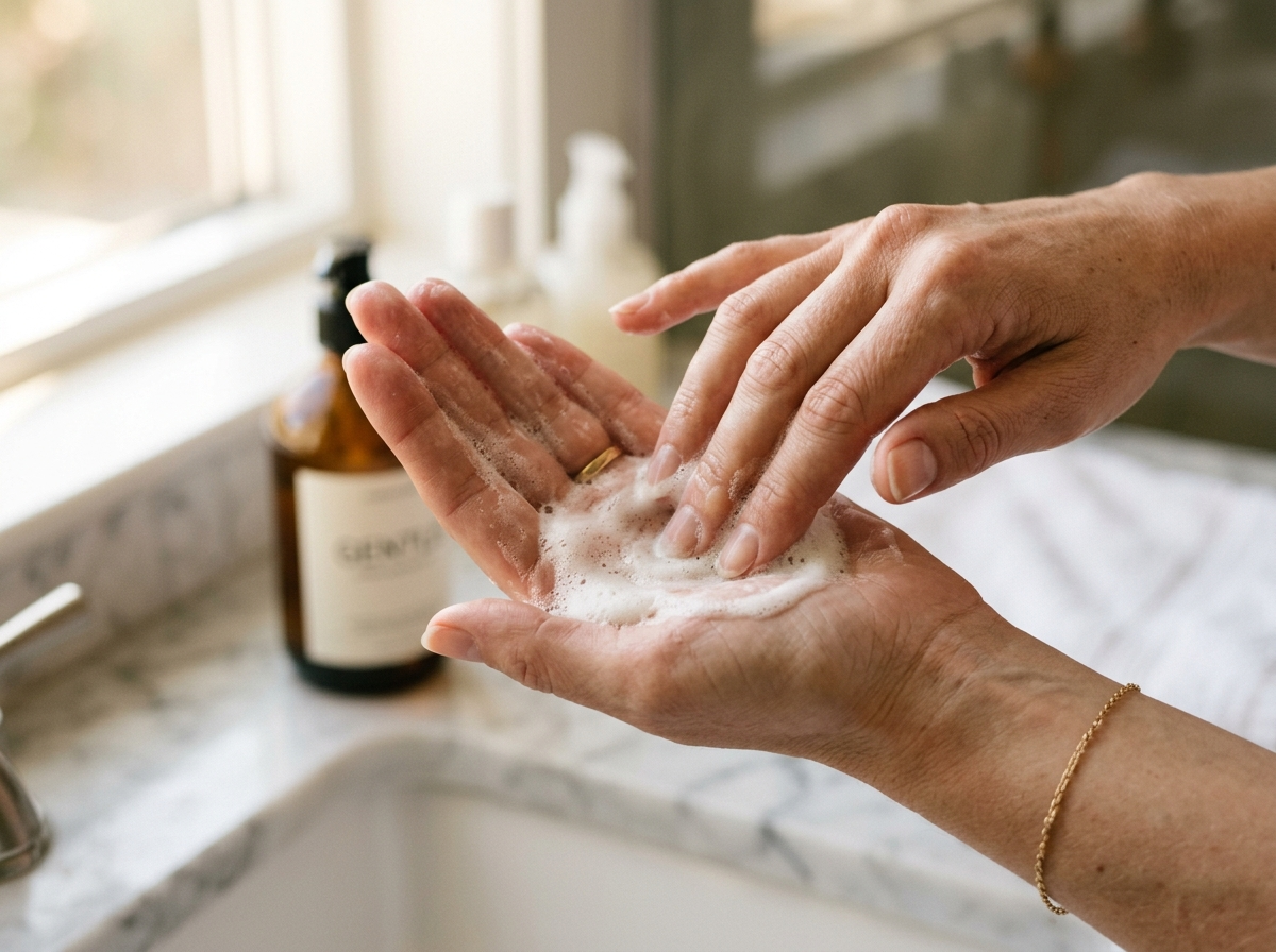 Kobiece dłonie delikatnie spieniają łagodny szampon, tworząc obfitą pianę w jasnej łazience.