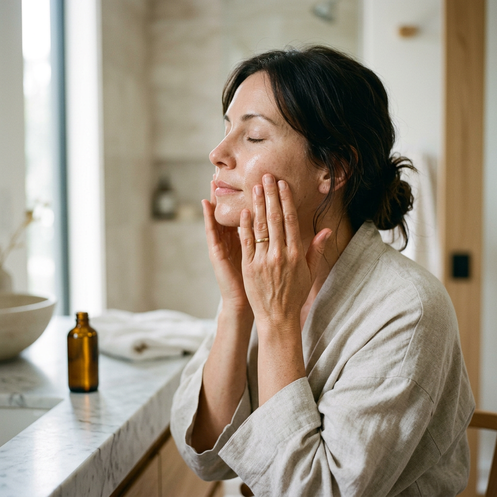 Kobiece dłonie delikatnie wmasowujące olejek do mycia twarzy, podkreślając luksusowy rytuał pielęgnacji anti-aging.