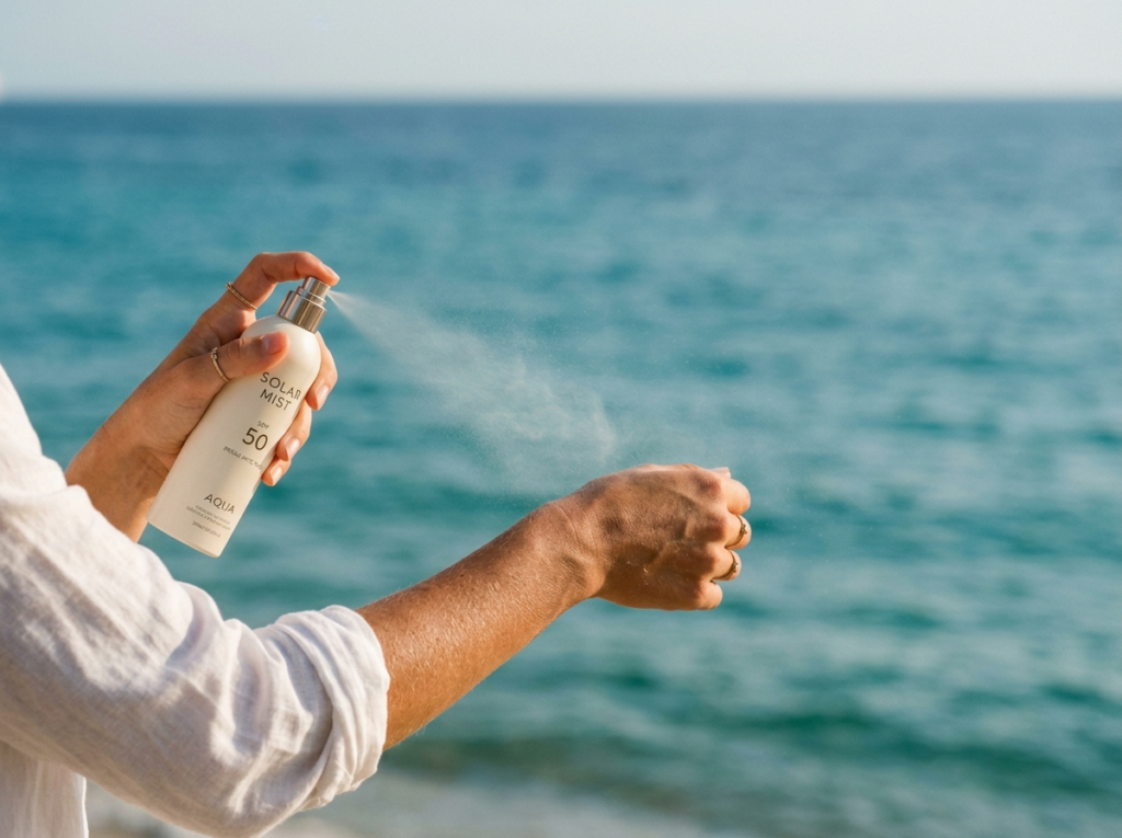 Kobieta delikatnie aplikuje spray spf 50 na ramię, ciesząc się słońcem na pięknej, czystej plaży.