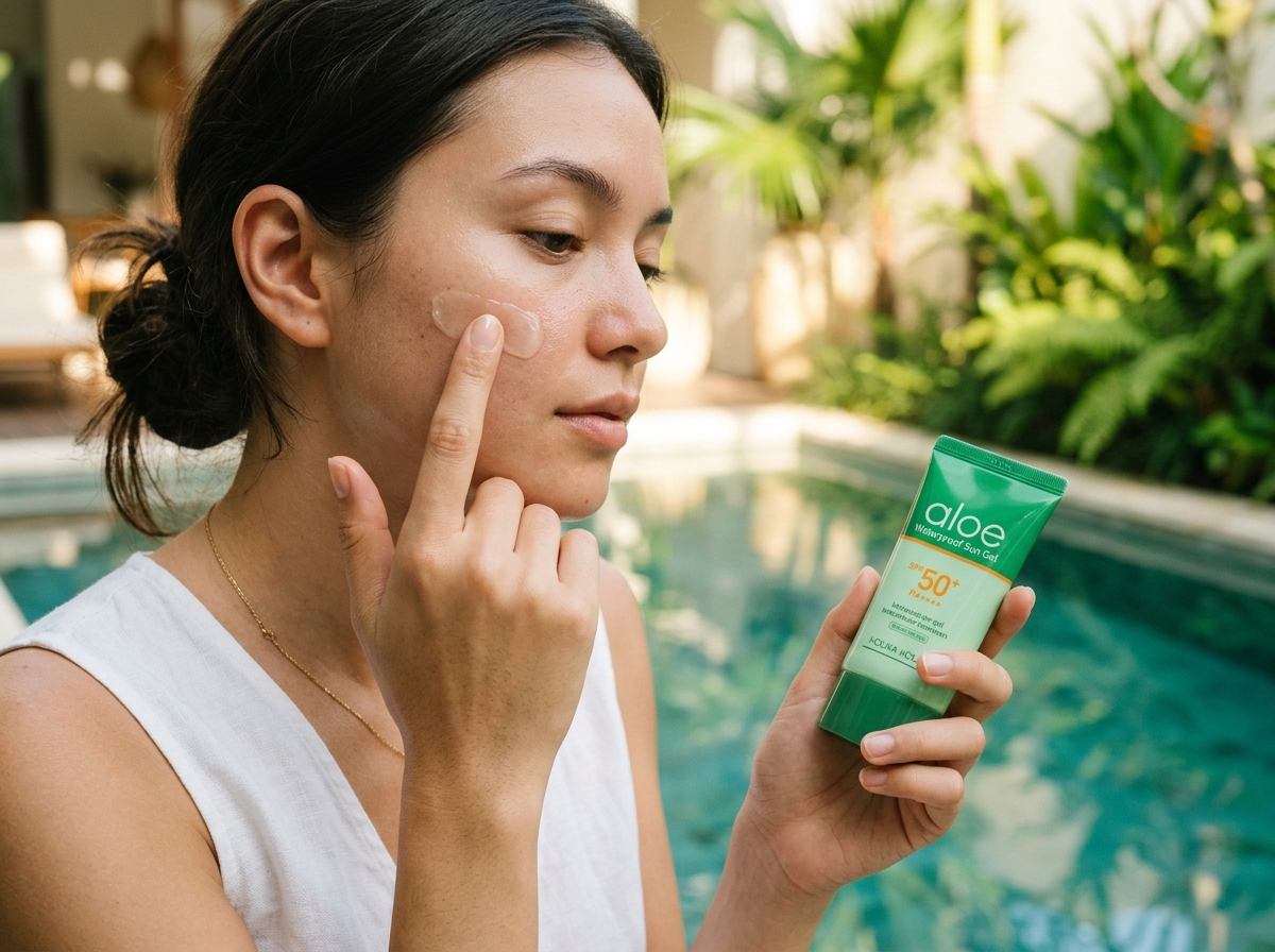 Kobieta delikatnie aplikuje żel Holika Holika aloe spf 50 na twarz, z basenem w tle.