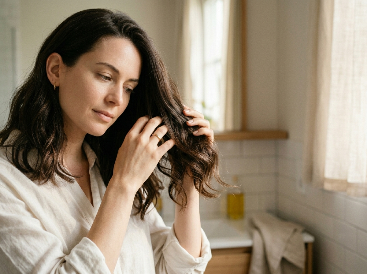 Kobieta delikatnie dotyka swoich miękkich, nawilżonych włosów po użyciu szamponu.