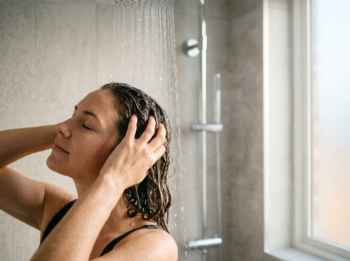Kobieta delikatnie myje włosy, używając kojącego szamponu bez sls dla wrażliwej skóry.
