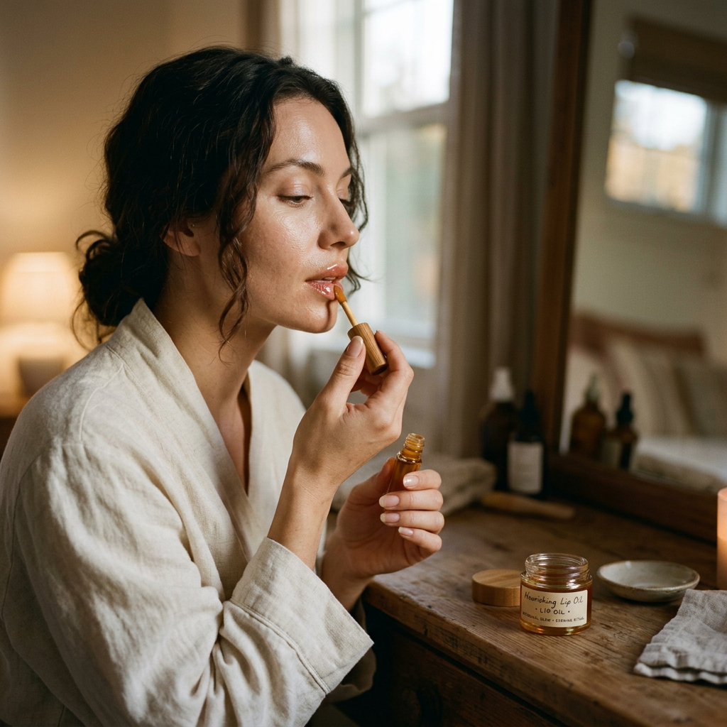 Kobieta delikatnie nakłada grubą warstwę naturalnego olejku do ust podczas wieczornej pielęgnacji, dla regeneracji.