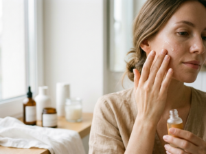 Kobieta delikatnie nakłada kosmetyki do pielęgnacji twarzy na policzek, z bliska.