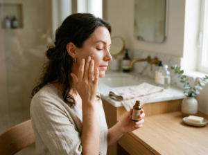Kobieta delikatnie nakłada kosmetyki do twarzy, ciesząc się chwilą pielęgnacji skóry w naturalnym świetle.