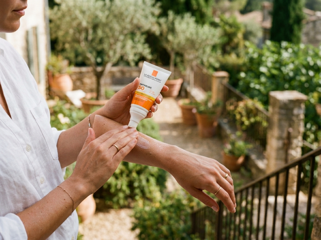 Kobieta delikatnie nakłada krem spf 50 La Roche-Posay na przedramię, przygotowując się na słońce.