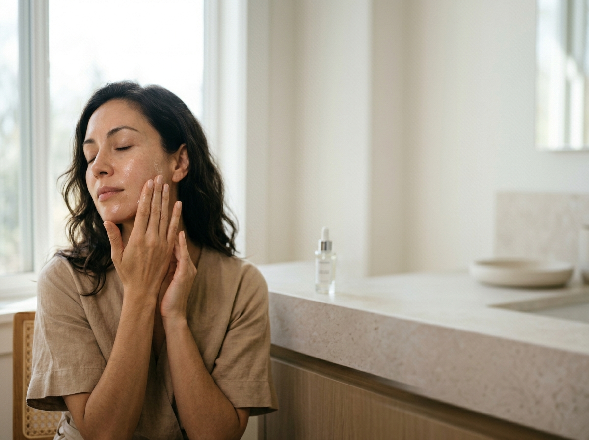 Kobieta delikatnie nakłada nawilżające serum na twarz, symbolizując pielęgnację kosmetykami do pielęgnacji twarzy.