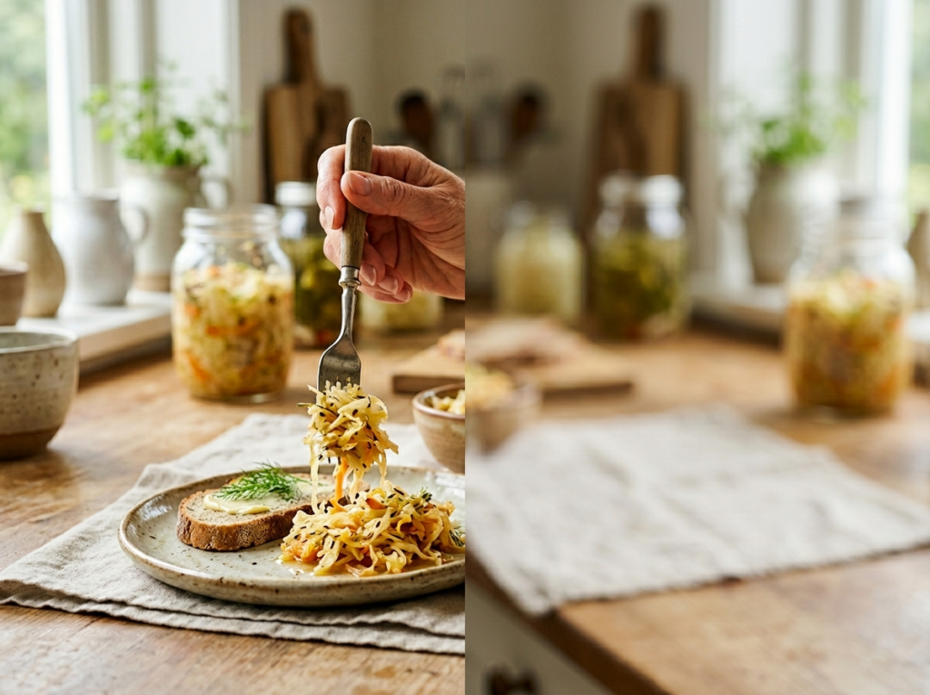 Kobieta delikatnie nakładająca domową kiszoną kapustę, bogatą w kwas mlekowy, na talerz.