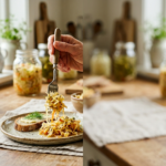 Kobieta delikatnie nakładająca domową kiszoną kapustę, bogatą w kwas mlekowy, na talerz.