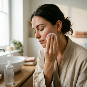 Kobieta delikatnie oczyszcza skórę twarzy w nowoczesnej łazience, używając najlepszy płyn micelarny.
