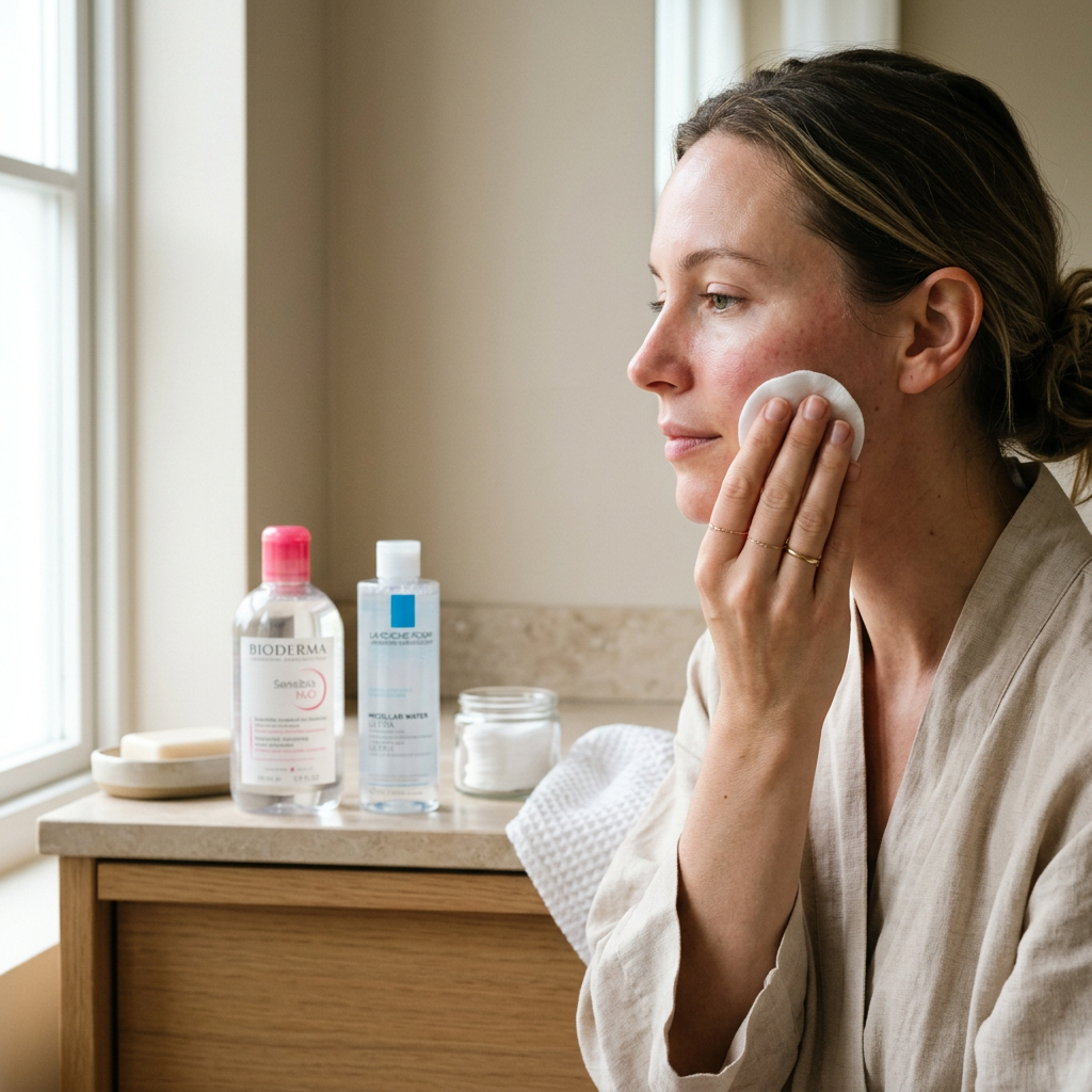 Kobieta delikatnie przeciera skórę twarzy wacikiem nasączonym najlepszym płynem micelarnym, ukazując ukojenie cery wrażliwej.