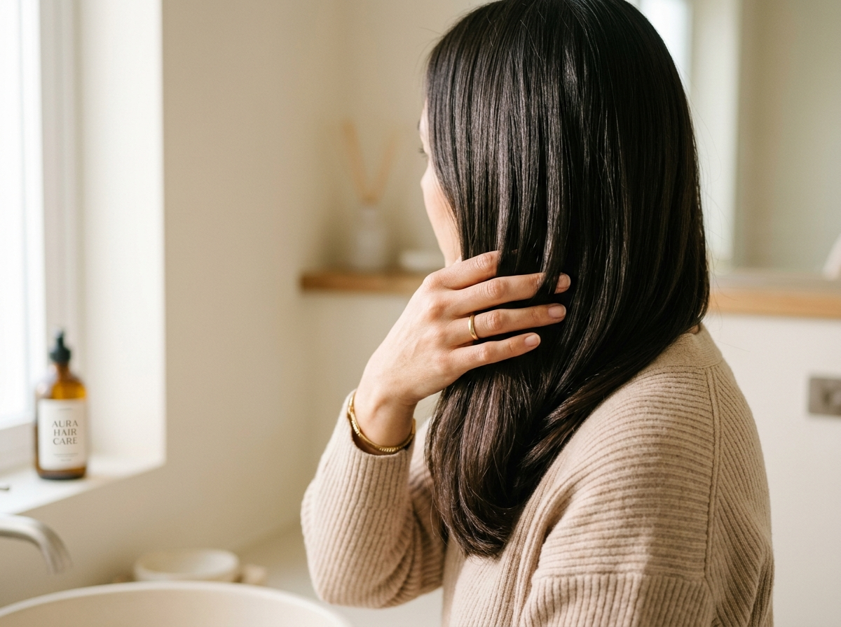 Kobieta delikatnie przeczesuje dłońmi lśniące, zdrowe włosy po umyciu szamponem bez sls.