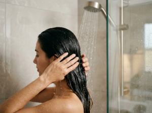 Kobieta delikatnie spłukująca długie, zdrowe włosy pod prysznicem, symbolizujące efekty szamponu bez sls.