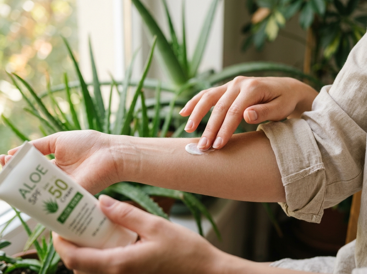 Kobieta delikatnie testuje krem z filtrem aloe spf 50 na przedramieniu, obok świeże liście aloesu.