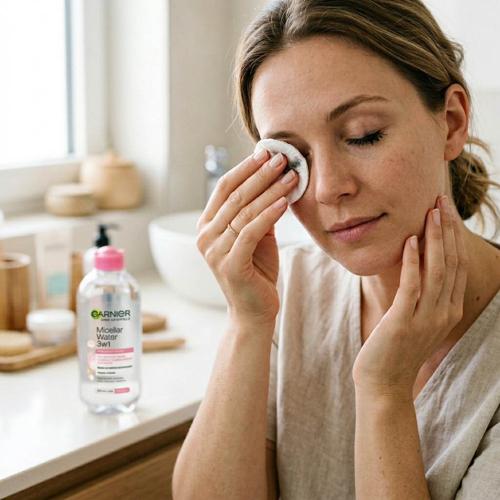 Kobieta delikatnie usuwa wodoodporny makijaż oczu, używając wacika z płynem micelarnym. To najlepszy płyn micelarny.