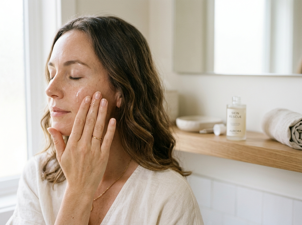 Kobieta delikatnie wklepuje kosmetyki do twarzy, relaksując się podczas pielęgnacji cery.