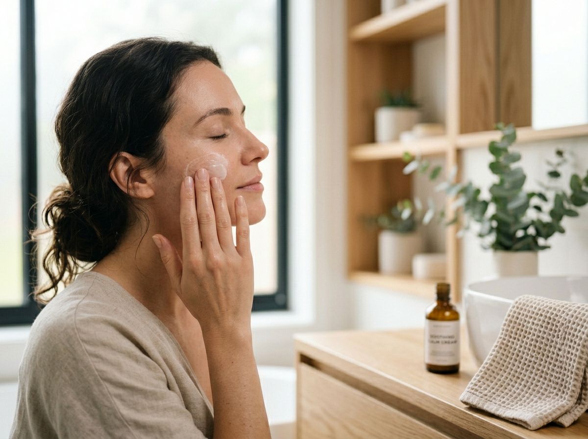 Kobieta delikatnie wklepuje krem w ukojoną skórę twarzy, symbolizując ulgę i efekty skin science.