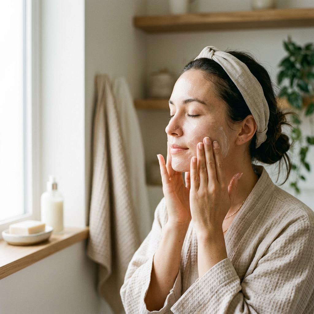 Kobieta delikatnie wmasowująca emulsję do mycia twarzy, ciesząca się chwilą pielęgnacji skóry.