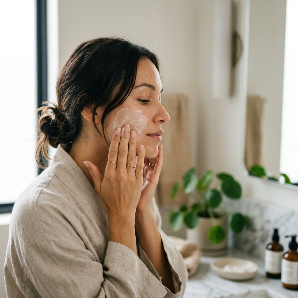 Kobieta delikatnie wmasowująca emulsję do mycia twarzy w skórę, w nowoczesnej łazience.