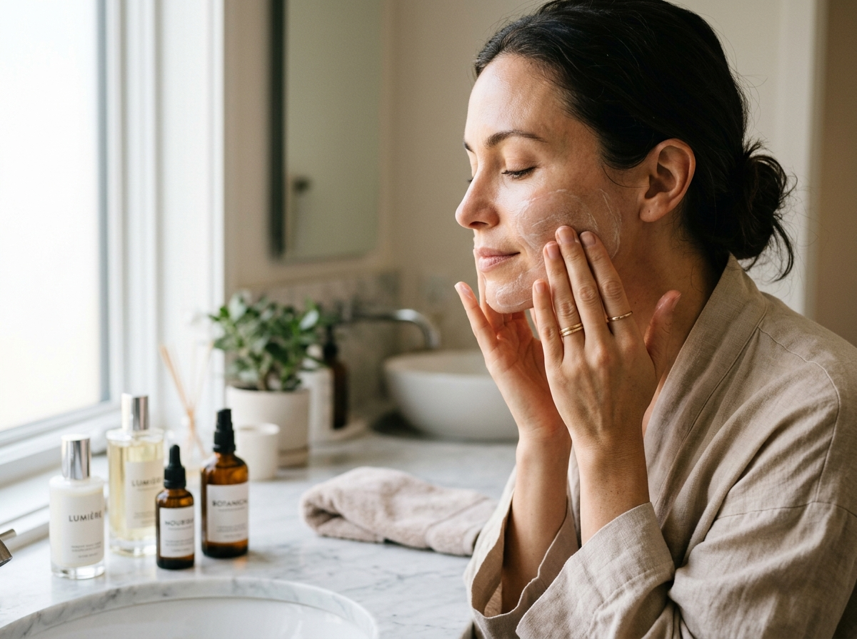 Kobieta delikatnie wmasowuje krem w policzek, symbolizując codzienną pielęgnację twarzy i relaks.