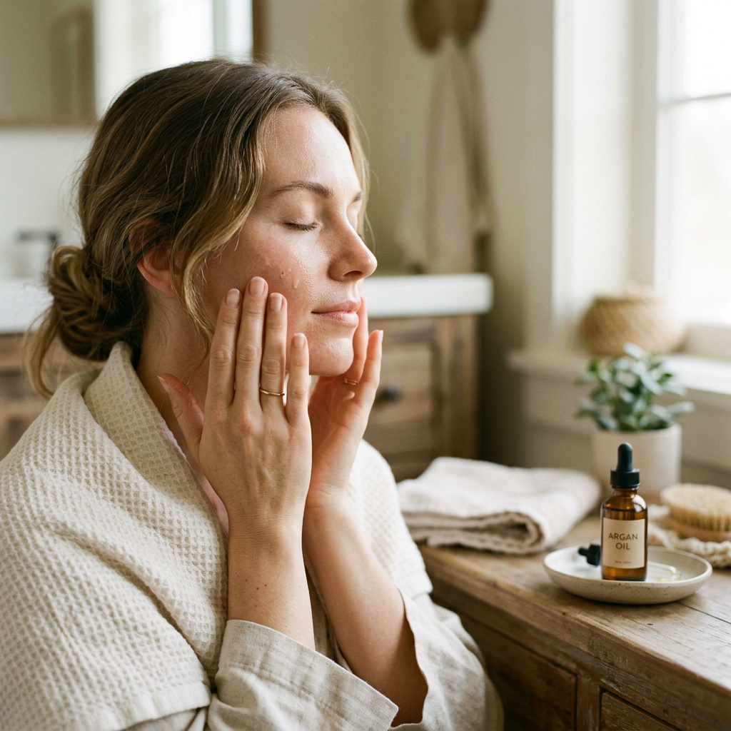 Kobieta delikatnie wmasowuje olej arganowy do twarzy, ciesząc się naturalną pielęgnacją skóry.