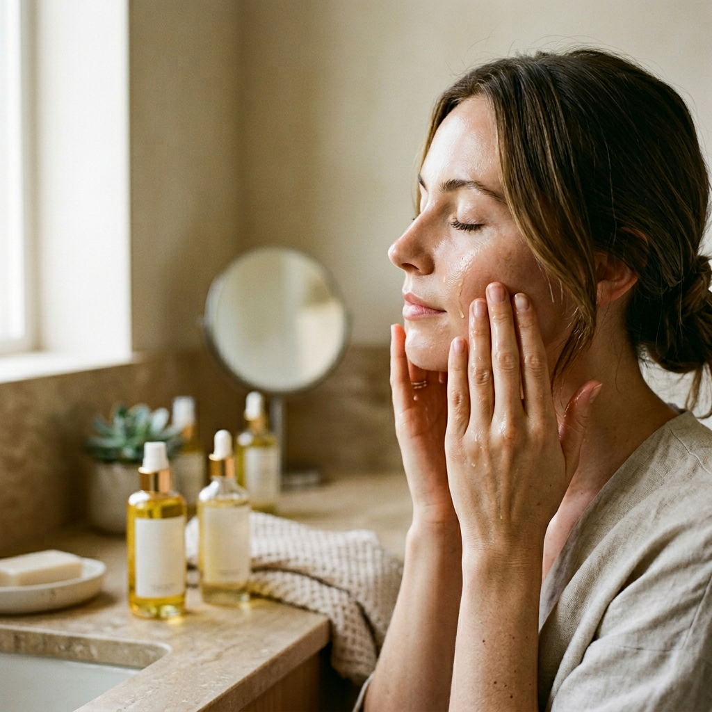 Kobieta delikatnie wmasowuje olejek do mycia twarzy, jej skóra wygląda promiennie i świeżo.