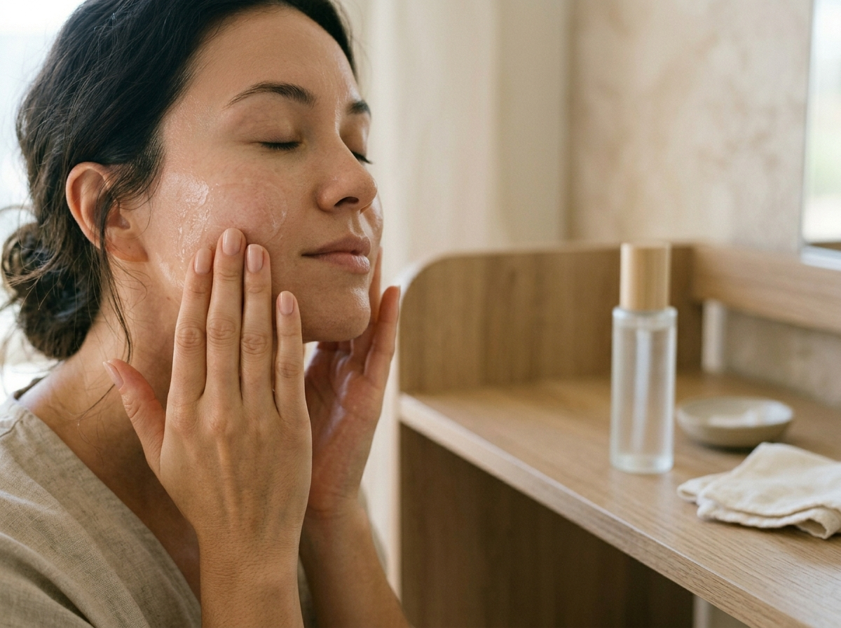 Kobieta delikatnie wmasowuje serum na policzek, dbając o skórę z kwasem mlekowym.