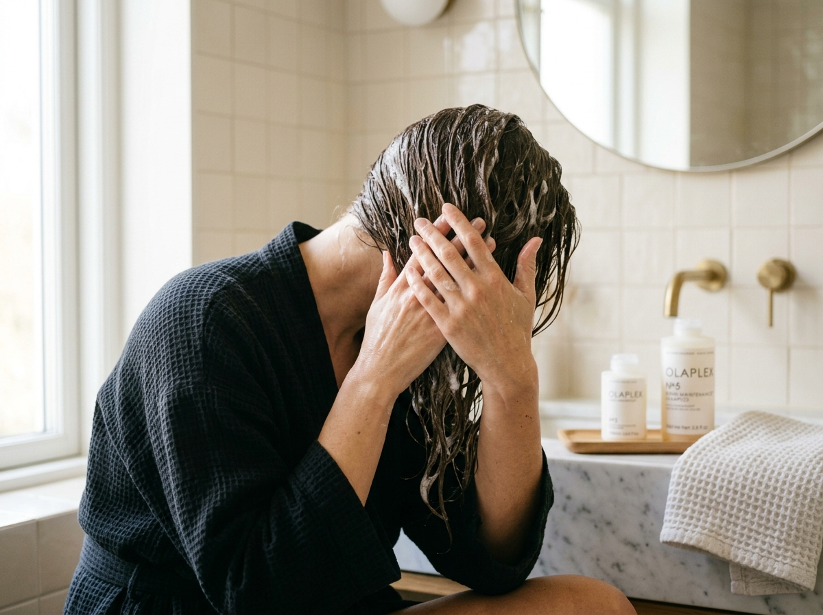 Kobieta delikatnie wmasowuje szampon Olaplex No. 4 we włosy, demonstrując domowe zastosowanie szampony fryzjerskie.