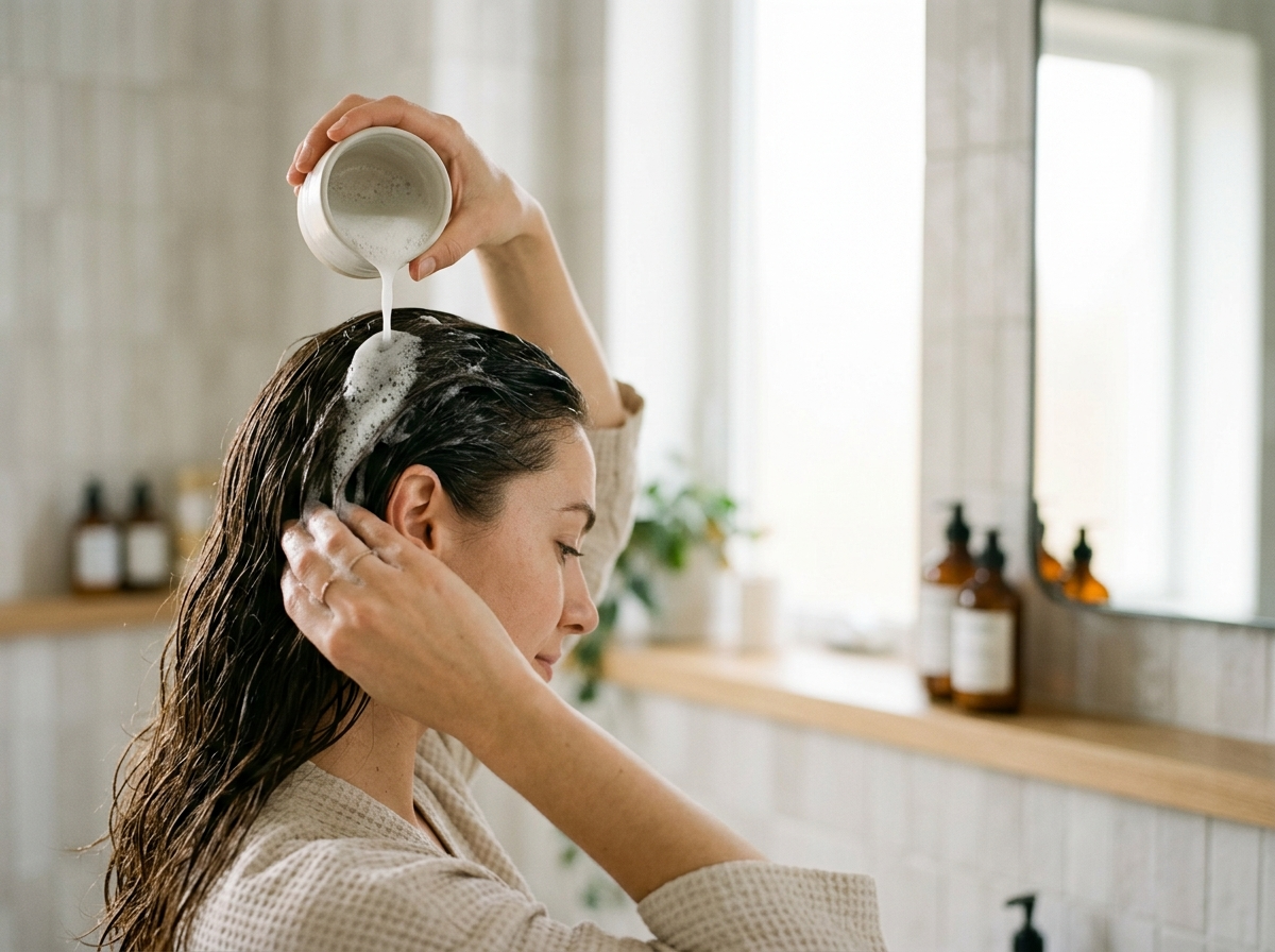 Kobieta delikatnie wylewa spieniony szampon z kubka na włosy, demonstrując domowy rytuał dla najlepszy szampon do włosów.