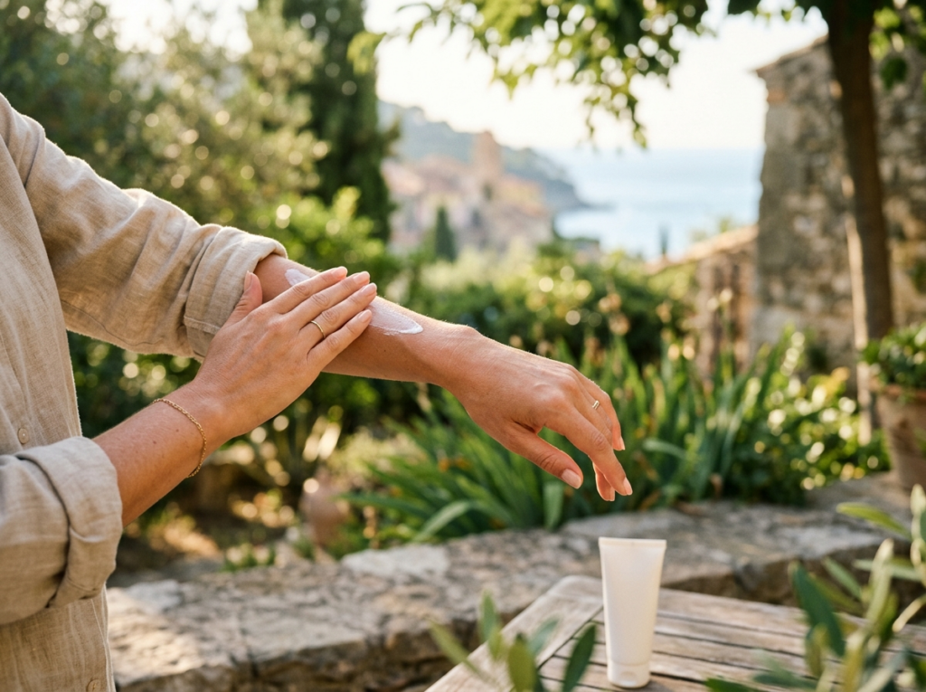 Kobieta nakłada krem spf 50 na przedramię, ciesząc się słońcem na tarasie.