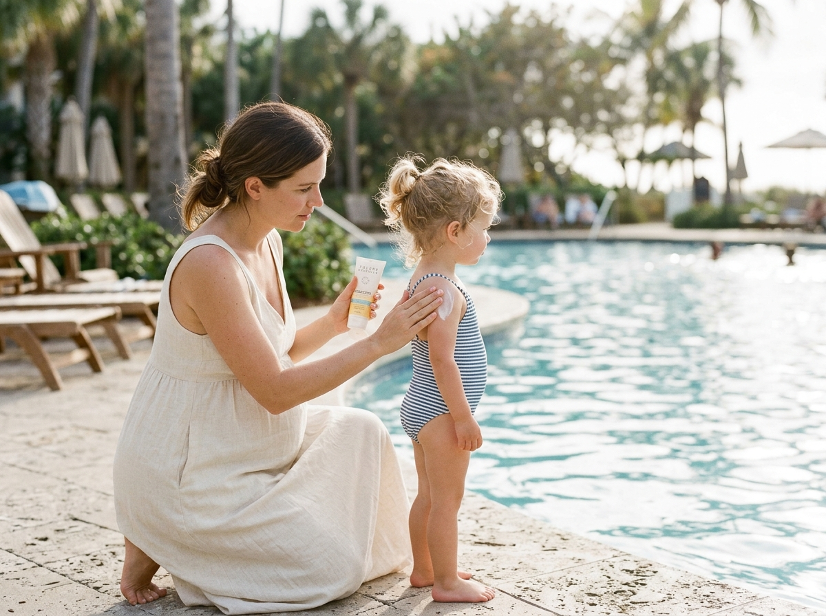 Kobieta w ciąży delikatnie aplikuje dziecku krem spf 50 la roche przy basenie, zapewniając ochronę.