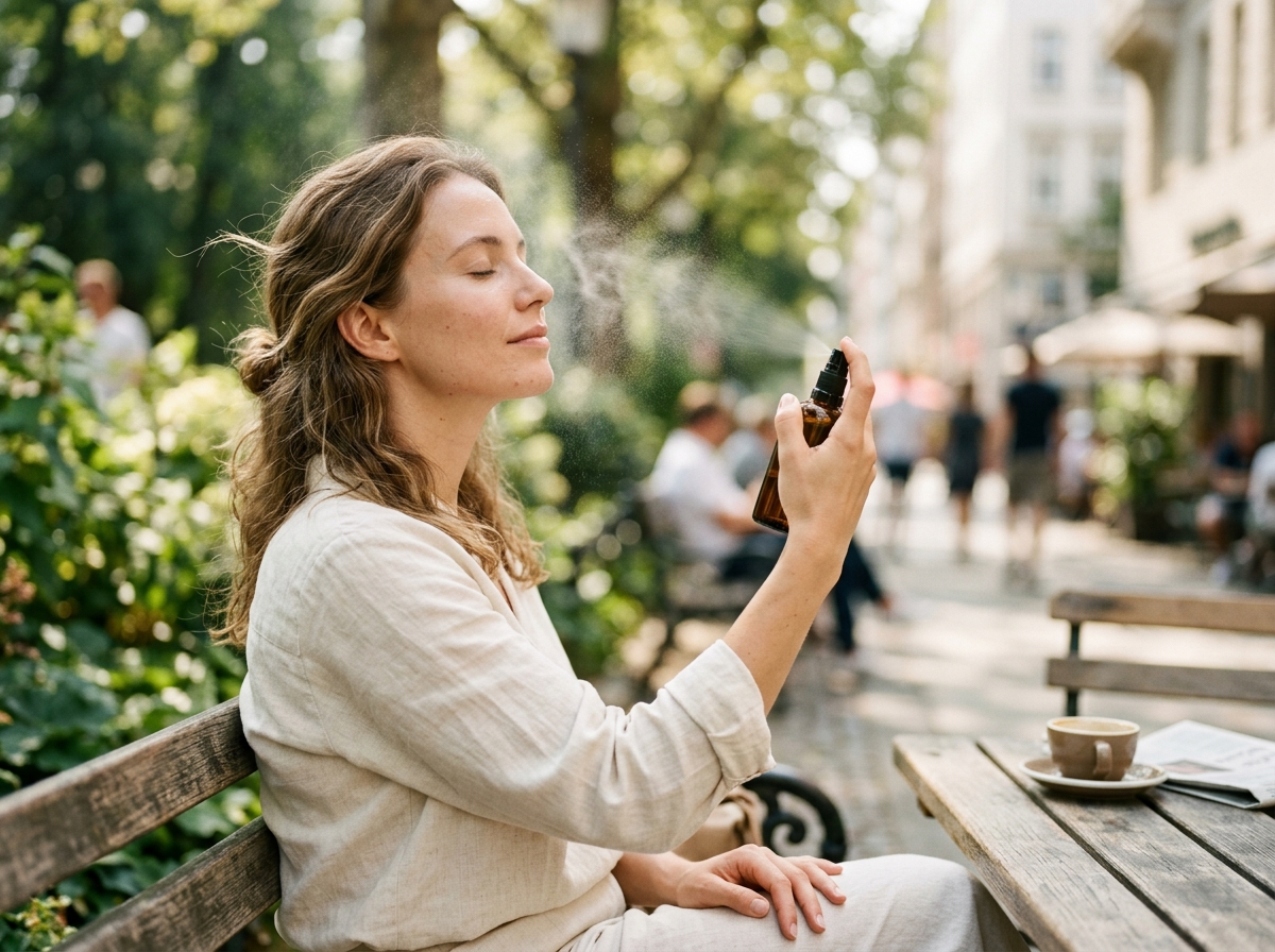 Kobieta w kawiarni z łatwością reaplikuje krem SPF 50 w formie mgiełki, chroniąc skórę.