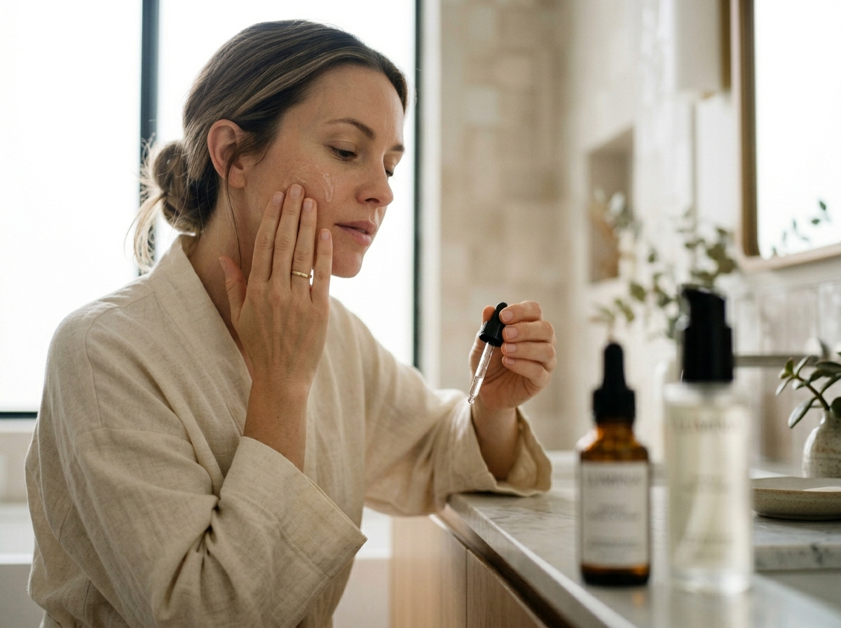 Kobieta z pewnością siebie aplikująca serum, dbająca o bezpieczne połączenia w codziennej pielęgnacji skincare.