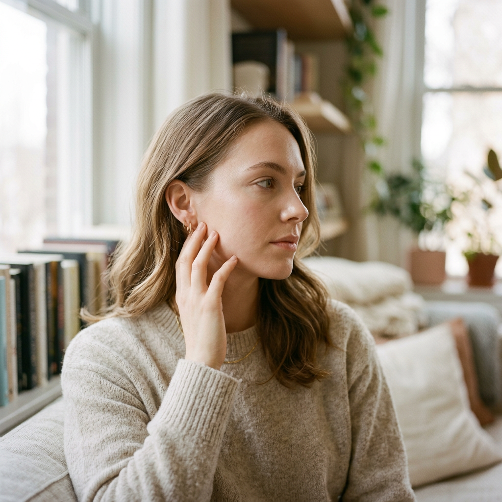 Kobieta z promienną cerą delikatnie dotykająca policzka, ukazująca korzyści oleju arganowego do twarzy.