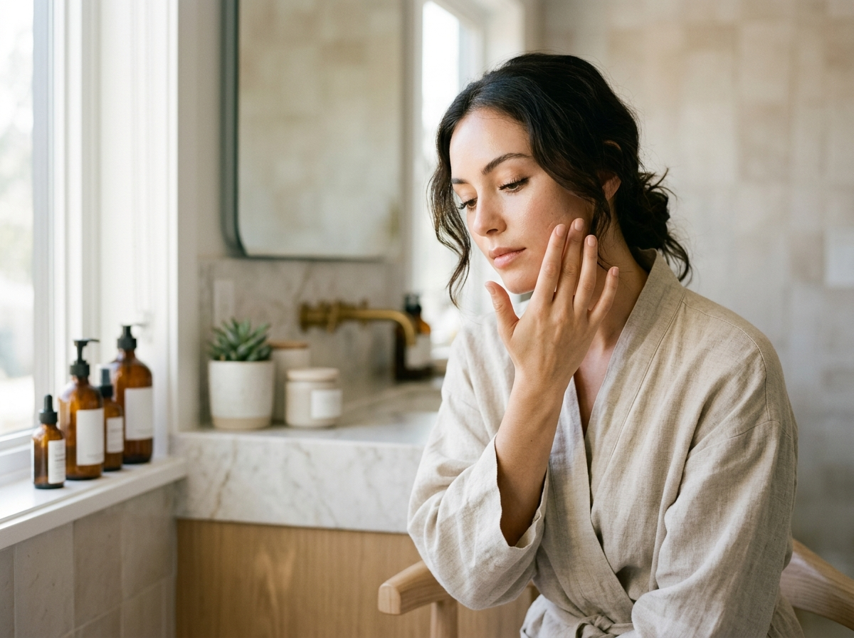 Kobieta z promienną cerą, delikatnie dotykająca twarzy, symbolizująca pielęgnację z kwasem mlekowym.