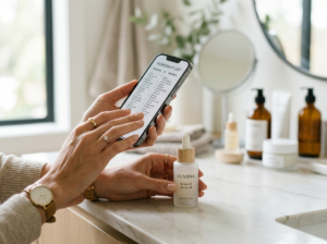 Kobieta z uwagą analizuje składniki produktów do pielęgnacji, wybierając najlepsze dzięki skin science.