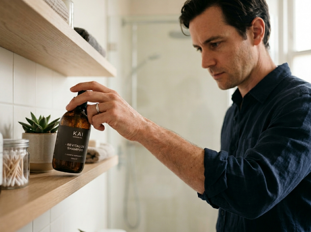 Męska dłoń wybierająca szampon dla mężczyzn z półki w nowoczesnej łazience.