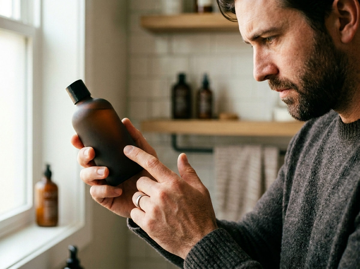 Mężczyzna w skupieniu czyta etykietę wysokiej jakości szamponu dla mężczyzn, dbając o zdrową skórę głowy.