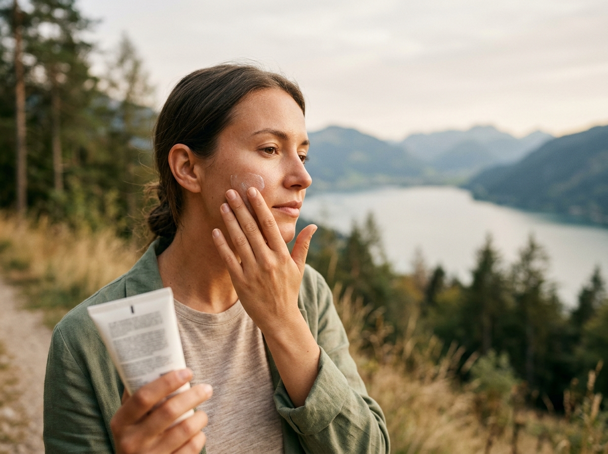 Młoda kobieta aplikuje krem spf 50 na twarz, przygotowując się do wędrówki w europejskich górach.