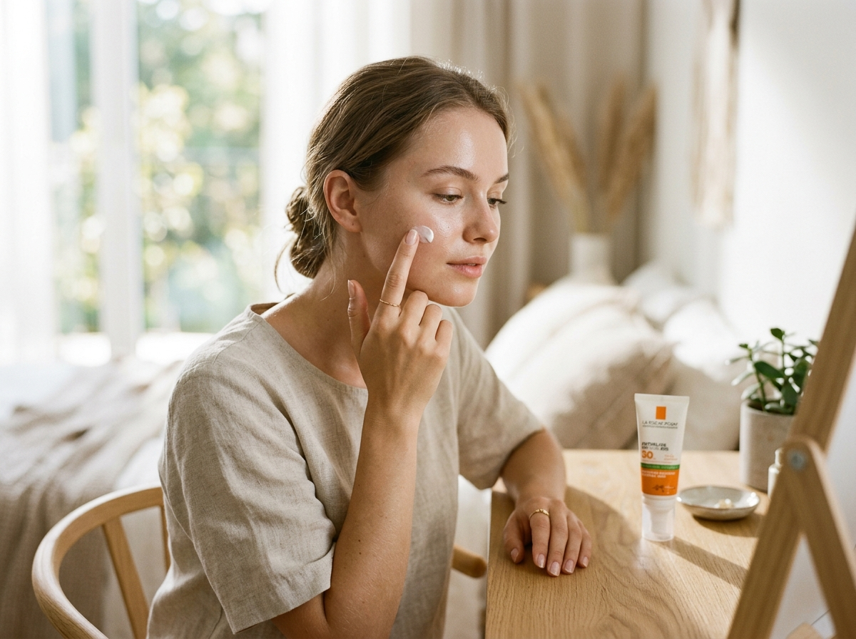 Młoda kobieta delikatnie aplikuje krem spf 50 na twarz, ciesząc się promienną cerą.