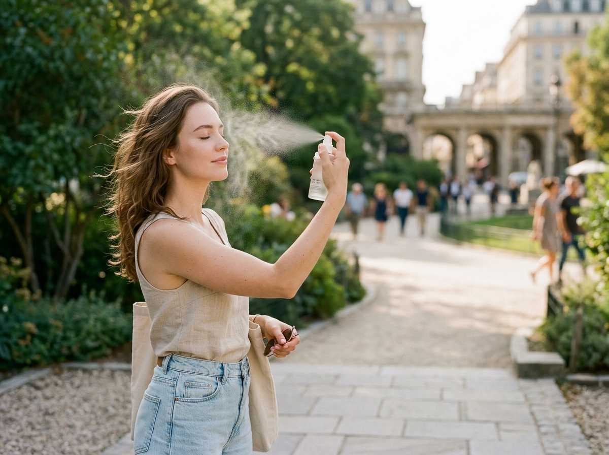 Młoda kobieta w miejskim parku reaplikuje niewidzialny filtr spf 50 la roche, chroniąc skórę.