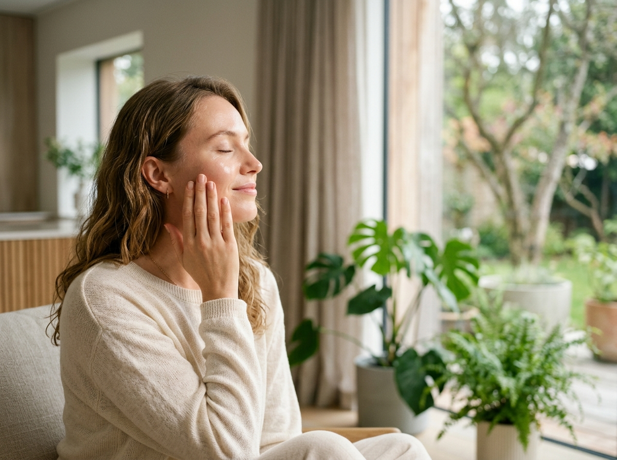 Młoda kobieta w miękkim świetle, dotykająca promiennej skóry. Symbolizuje to ochronę mikrobiomu i skin science.