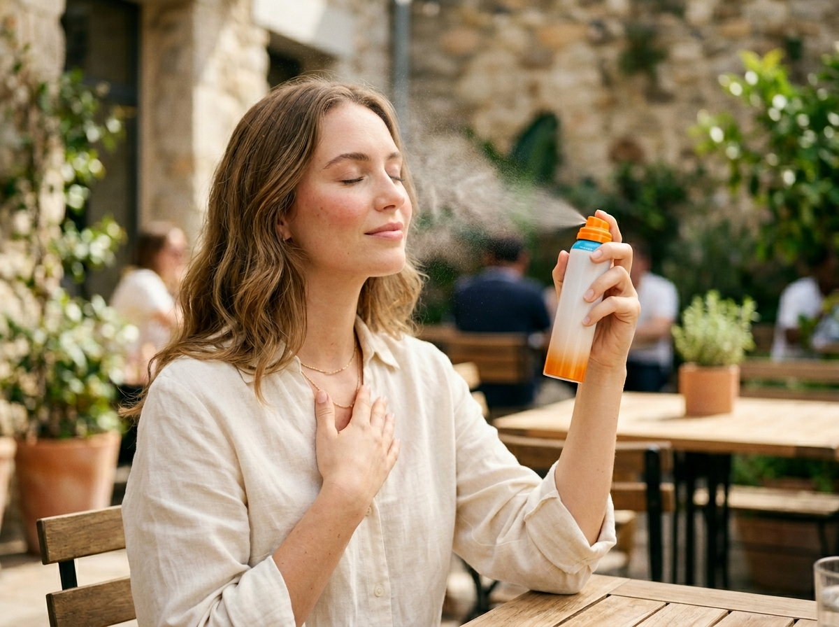 Młoda kobieta z makijażem delikatnie aplikuje na twarz spray SPF 50 w słonecznej kawiarni.