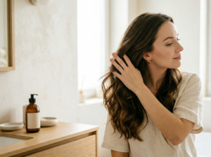 Młoda kobieta z pięknymi, zdrowymi włosami, delikatnie je dotykająca, z butelką naturalnego szamponu w tle.